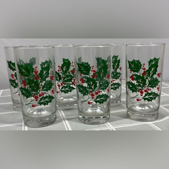 Vtg Holiday Beverage Set Holly Berries Leaves Indiana Glass Christmas Drinkware - Picture 3 of 9